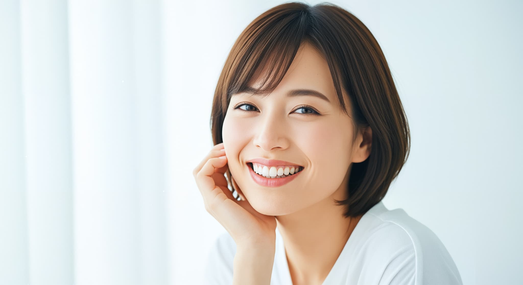 セラミックの美しい歯で笑う女性