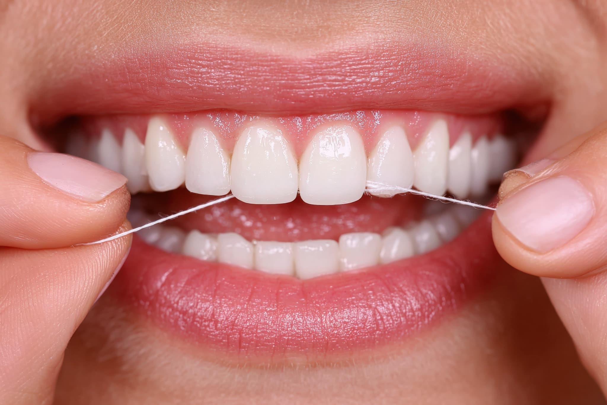 デンタルフロスで歯周病の進行を防ぐ様子