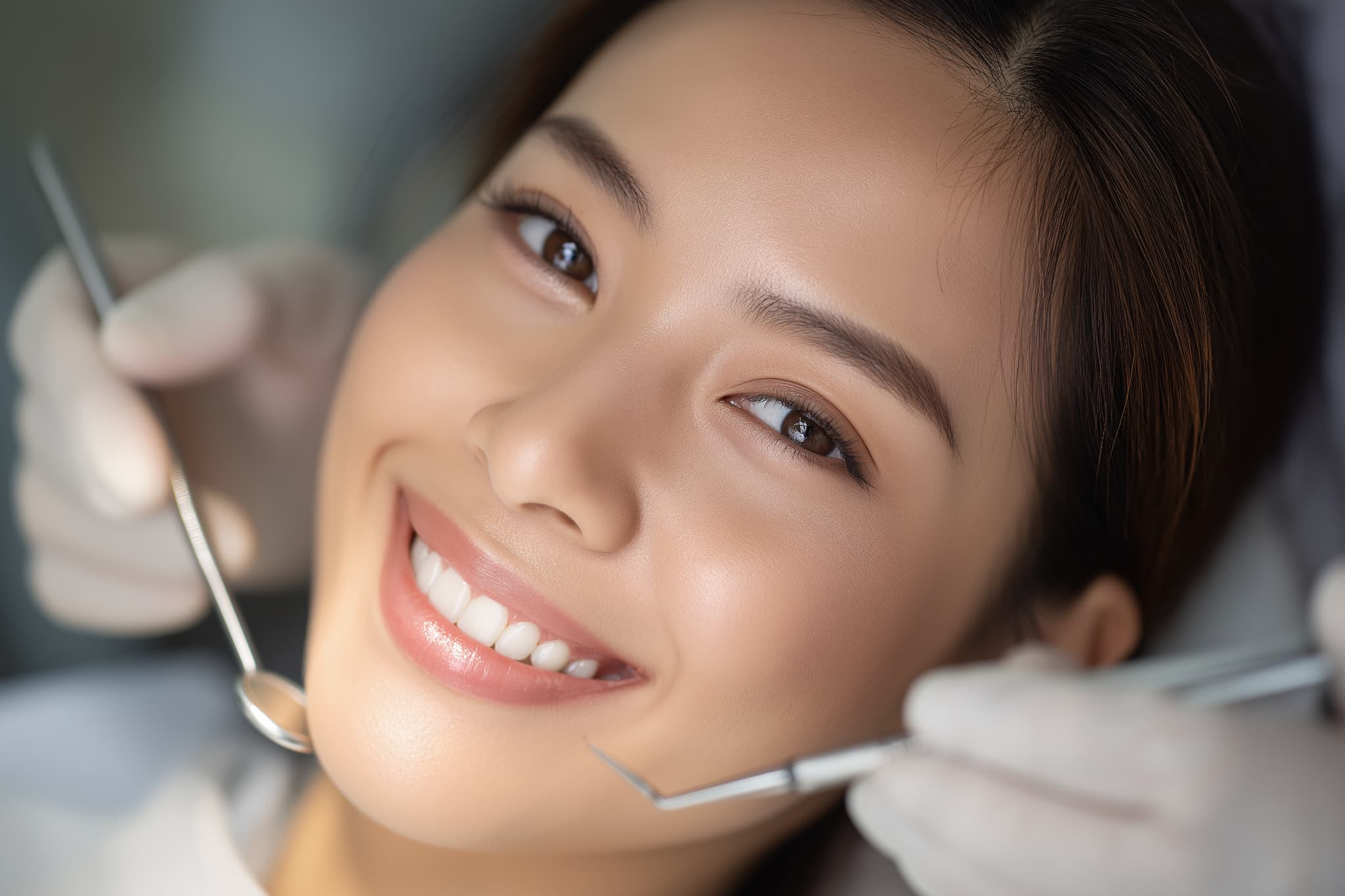 歯のクリーニングを受ける笑顔の女性