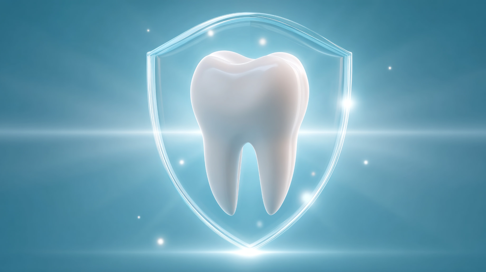 虫歯予防で歯を守ることを示す歯と光の盾のイメージ