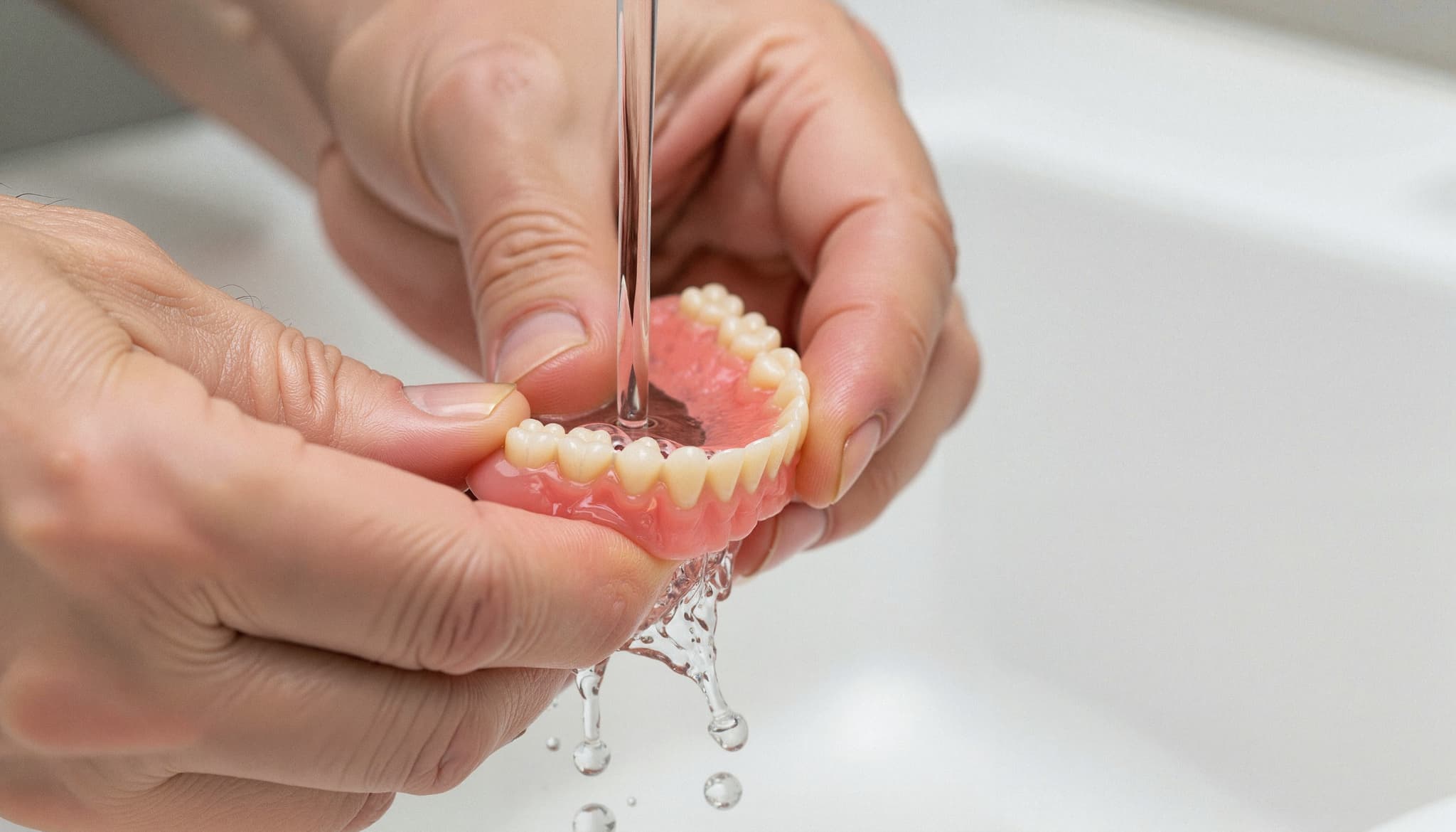 入れ歯を水で洗う様子